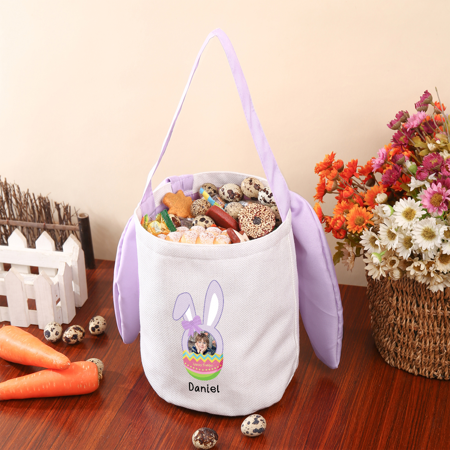 Bunny Tote Bag Personalised Photo Bucket Bag Custom Name & Text Bunny Basket Easter Gifts-Jessemade AU