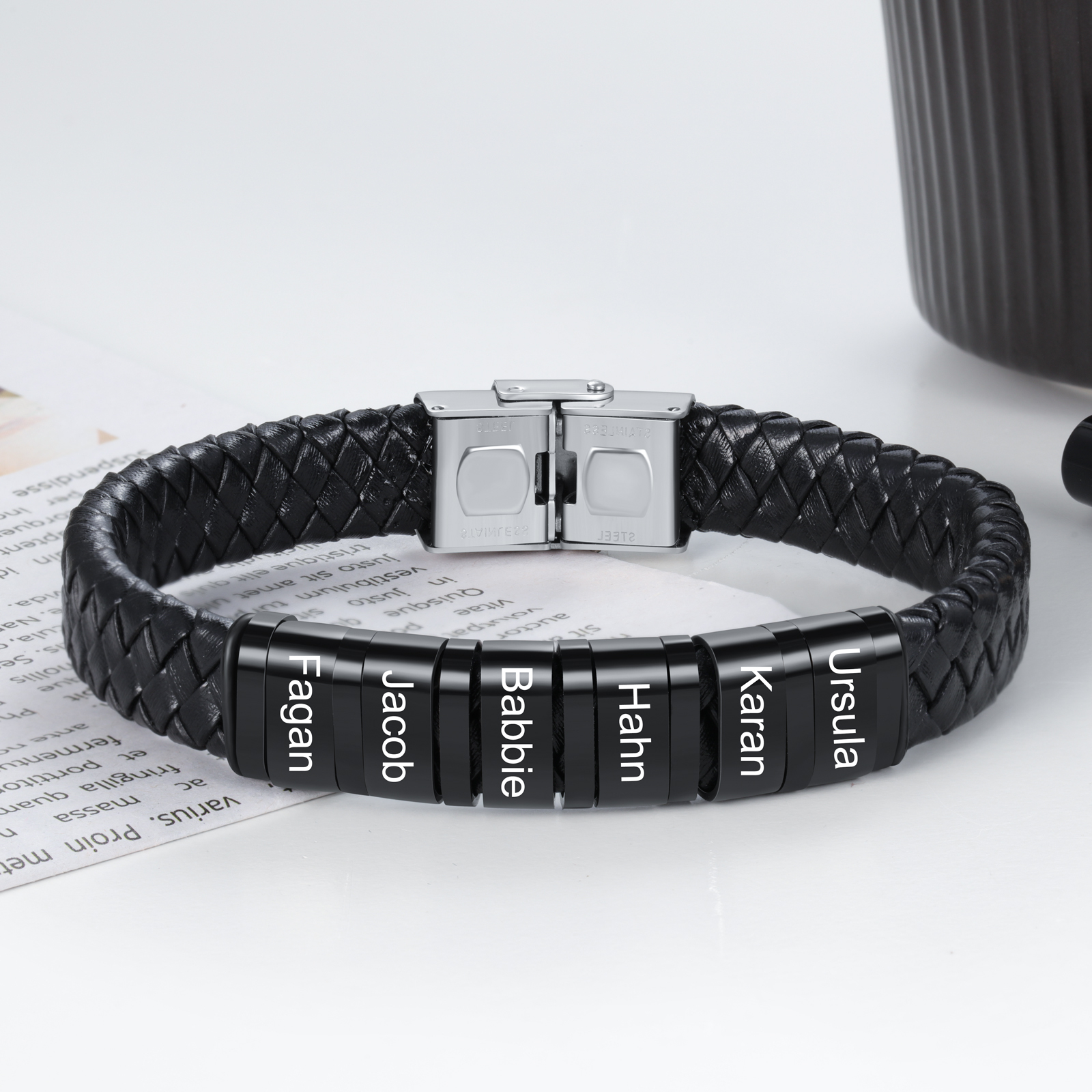 Men Leather Braided Bracelet Personalised with 6 Names Black-Jessemade AU