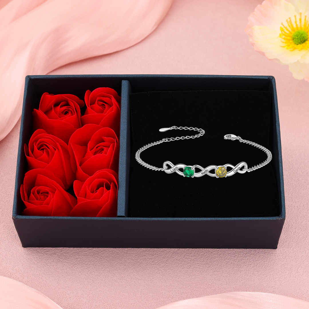 Personalised Infinity Bracelet Custom 2 Birthstones & 3 Names Bracelet Birthday Gift for Her-Jessemade AU