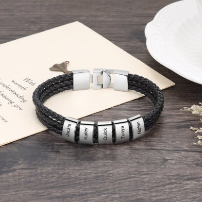 Personalised Braided Leather Bracelet Engraved 5 Names Men's Bracelet Gifts For Him-Jessemade AU