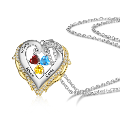 Personalised Heart Wings Necklace With 3 Birthstones Custom Names Gift For Her-Jessemade AU