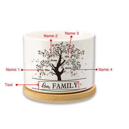Personalised Ceramic Flowerpot with Wooden Base Custom 4 Names & 1 Text Family Tree Flowerpot Gift for Mother/Grandma-Jessemade AU