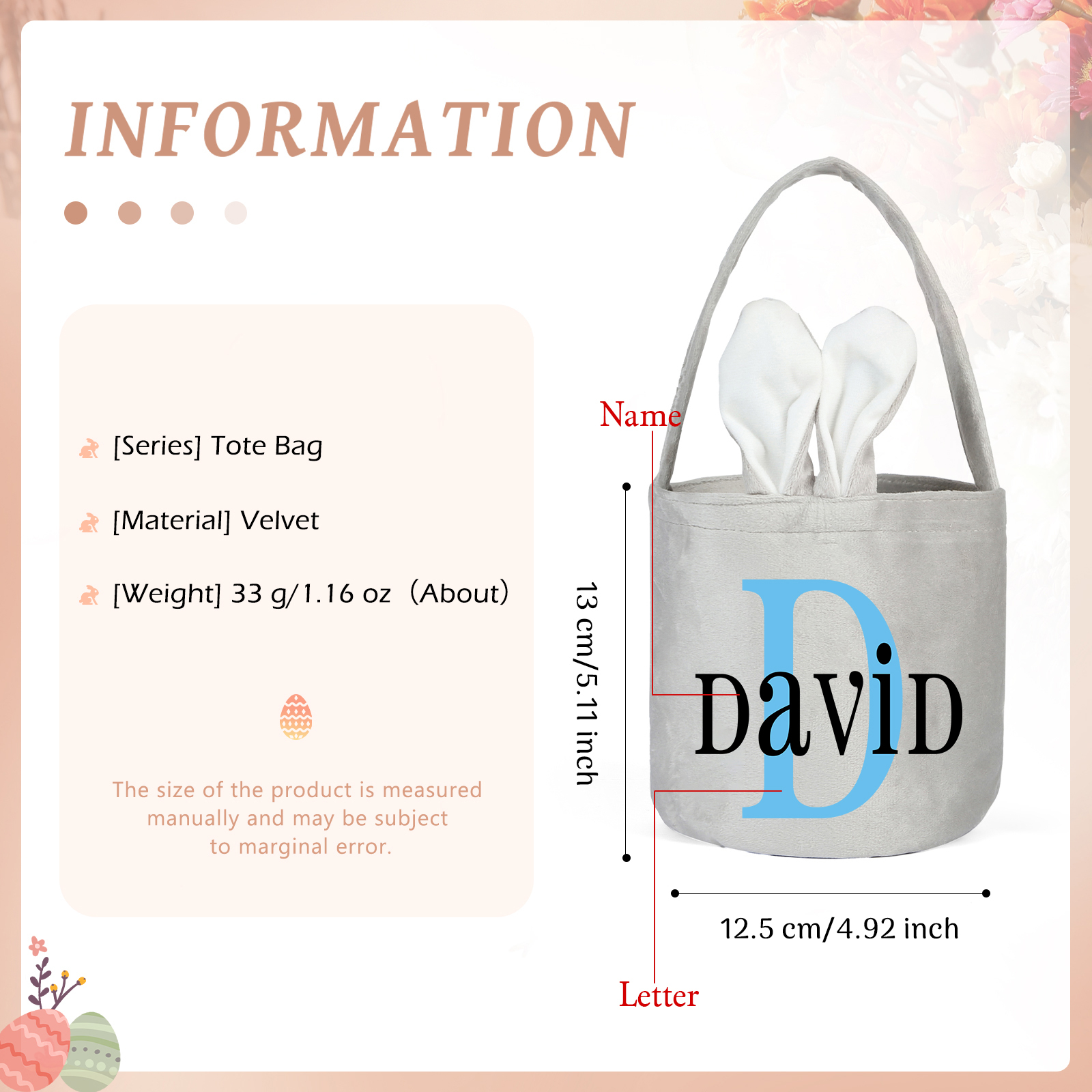 Personalised Bunny Tote Bag Custom Name & Letter Bunny Basket Bucket Bag Easter Gifts-Jessemade AU