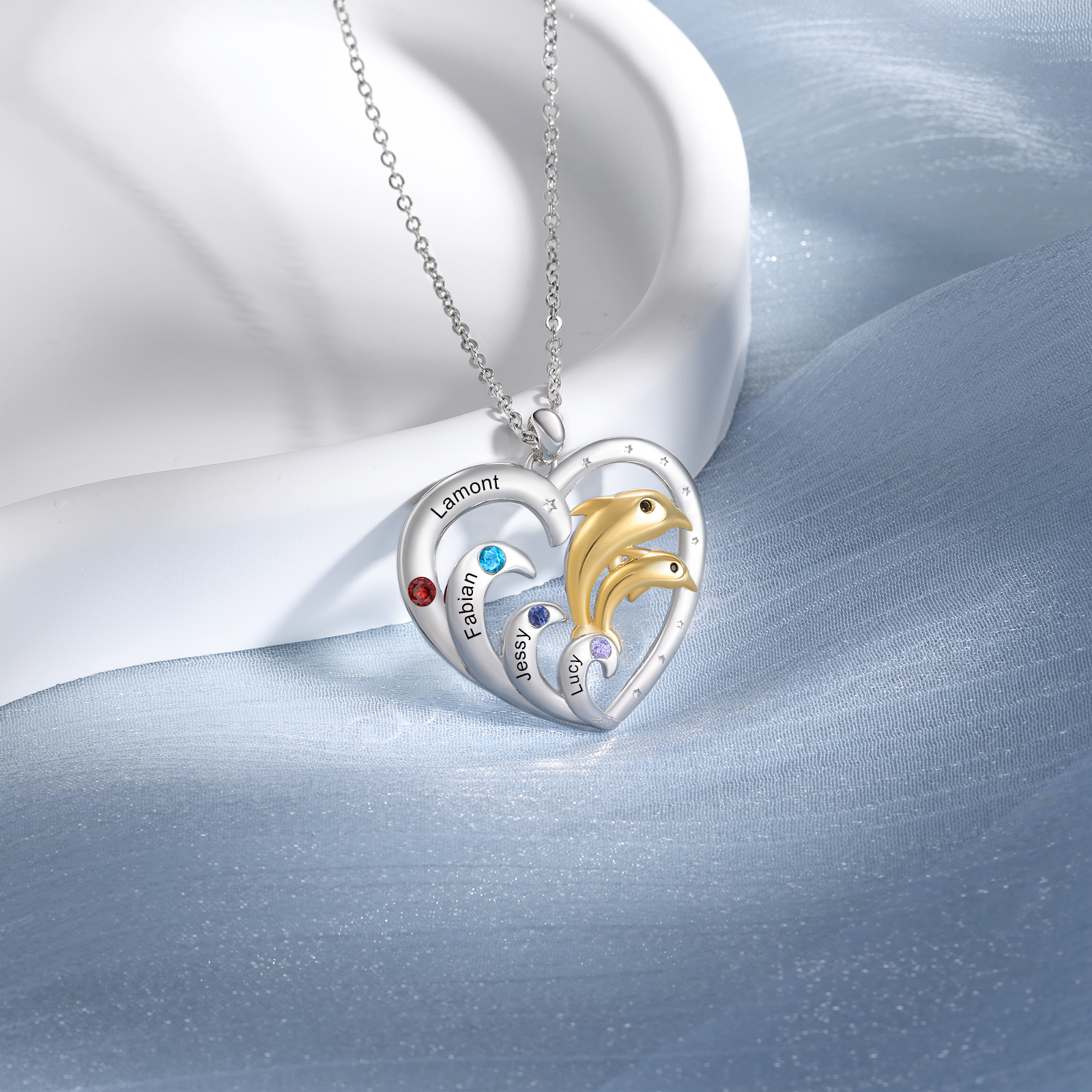 Personalised Heart Dolphin Pendant Necklace Custom 4 Birthstones Engraved 4 Names Necklace Gift for Her-Jessemade AU
