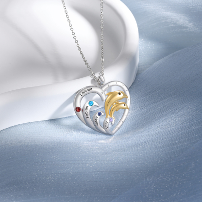 Personalised Heart Dolphin Pendant Necklace Custom 4 Birthstones Engraved 4 Names Necklace Gift for Her-Jessemade AU