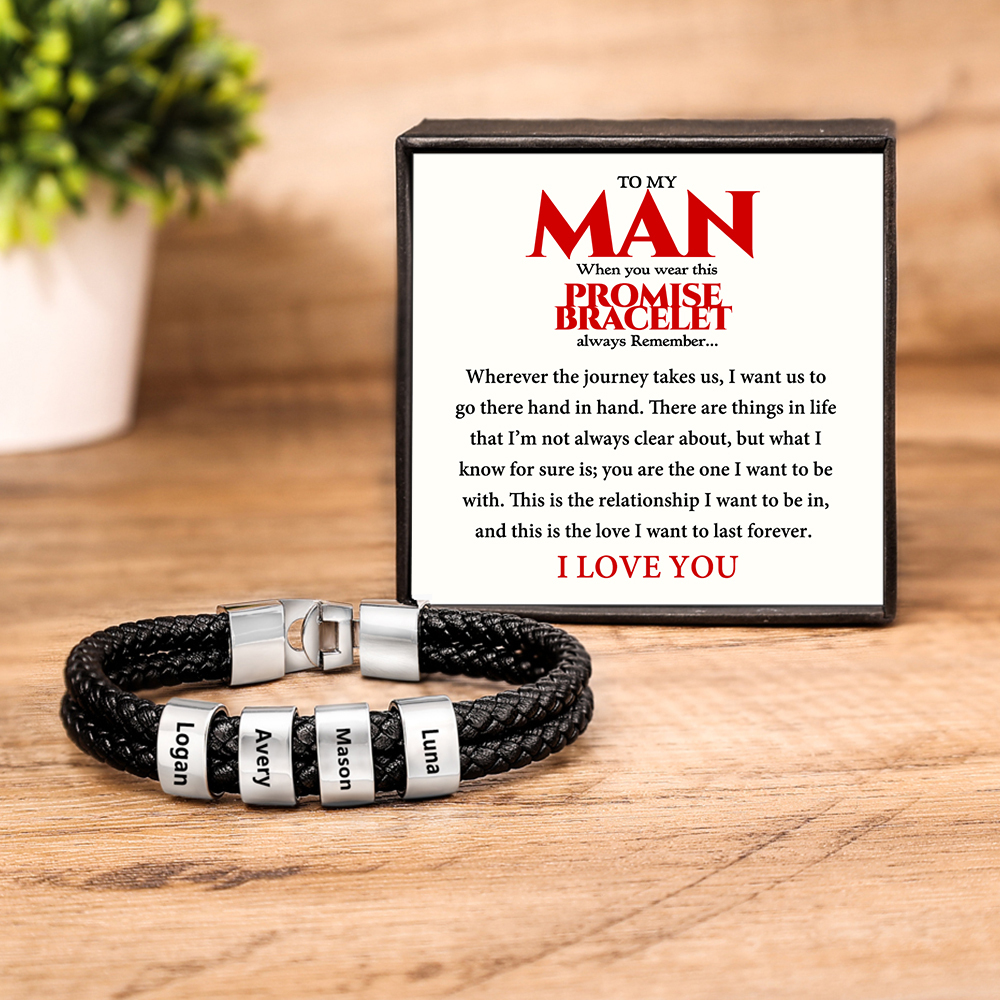 Personalised Braided Leather Bracelet Engraved 4 Names Men's Bracelet for Him-Jessemade AU