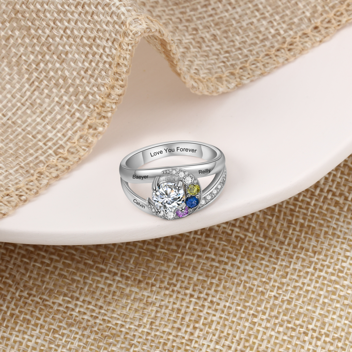 Personalised Moon Star Ring With 3 Birthstones Custom Names Best Gift For Women-Jessemade AU
