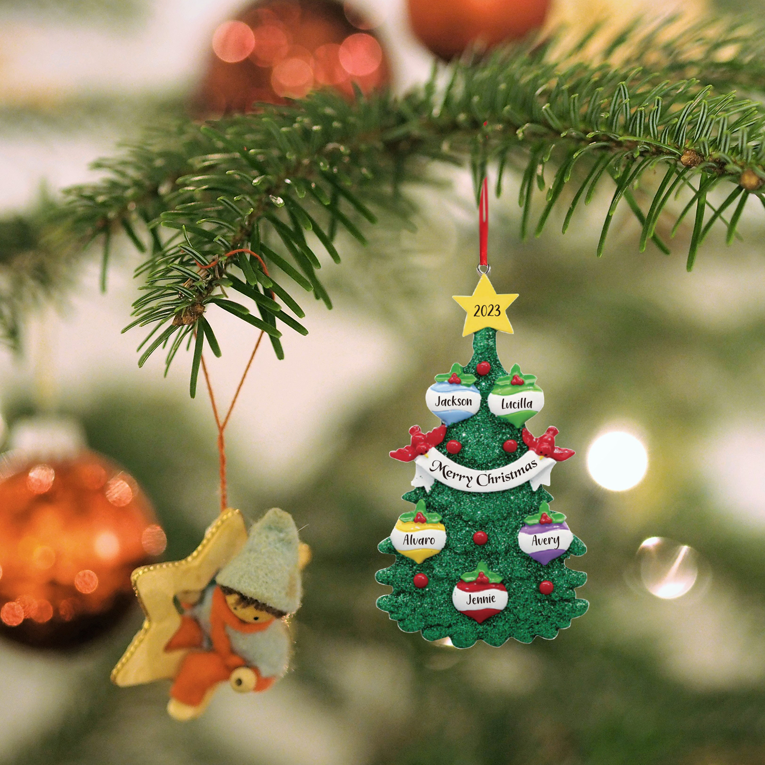 5 Names - Personalised Christmas Tree Ornaments Custom Text & Year Wooden Christmas Pendant Gifts for Family Friends