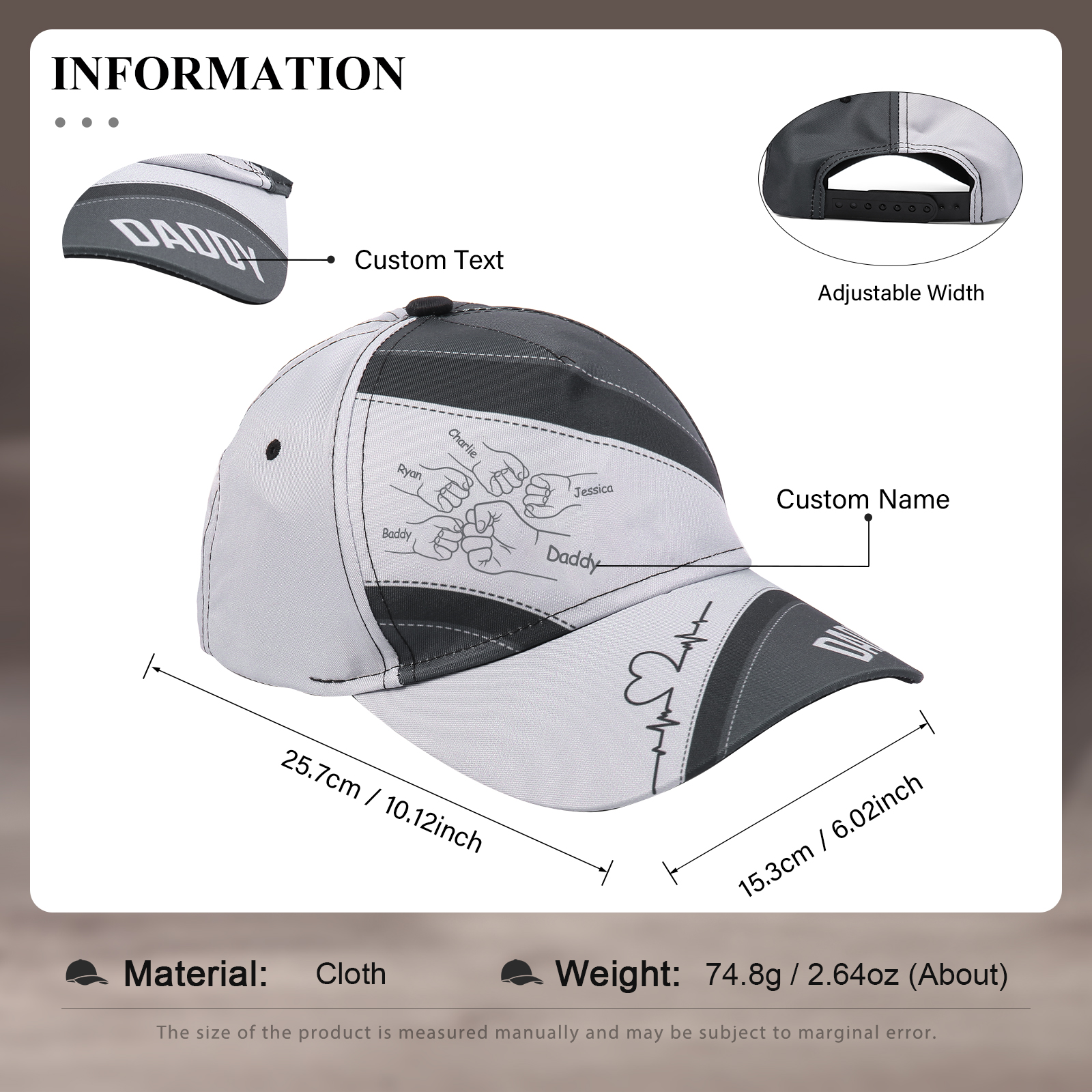 Personalised Fist Bump Classical Baseball Cap Custom 5 Names & 1 Text Snapback Adjustable Gift for Dad/Grandpa/Husband-Jessemade AU