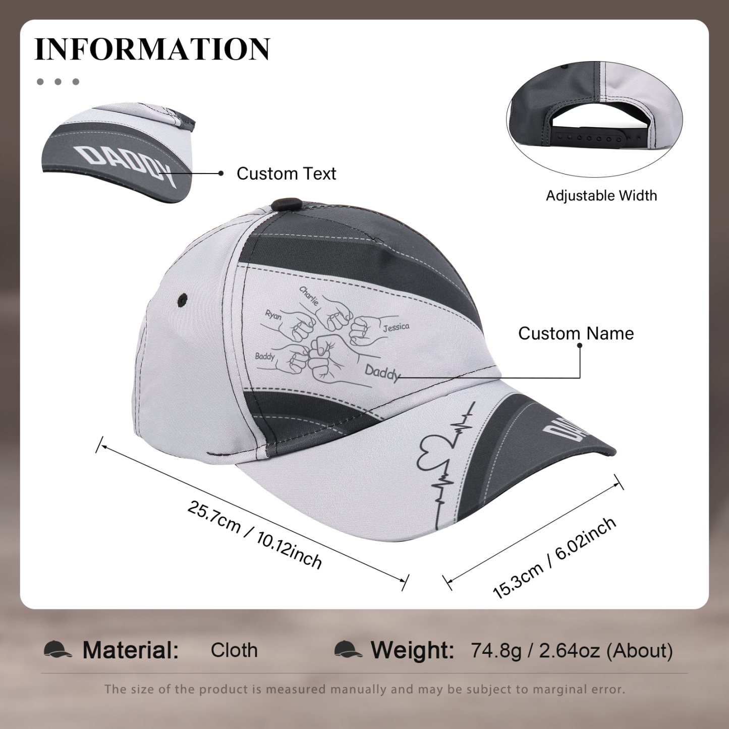 Personalised Fist Bump Classical Baseball Cap Custom 5 Names & 1 Text Snapback Adjustable Gift for Dad/Grandpa/Husband-Jessemade AU