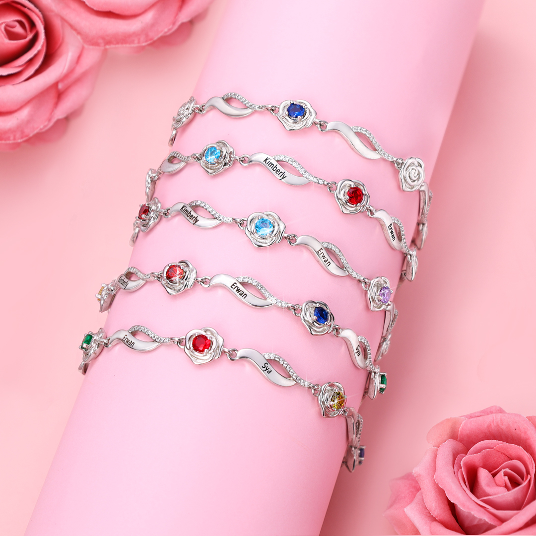 2 Names - Personalised Rose Bracelet Custom Names & Birthstones Adjustable Bracelet Gifts for Her-Jessemade AU