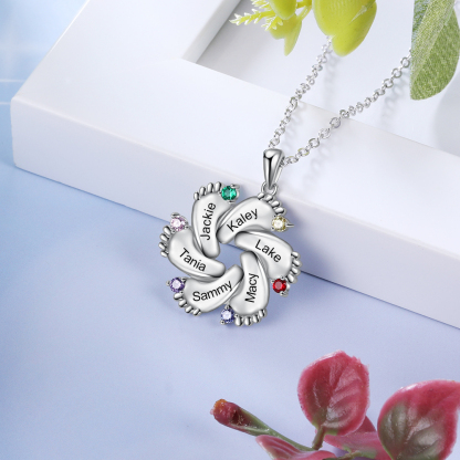 Personalised Baby Foot Necklace With 6 Birthstones Engraved Names Gift For Mother-Jessemade AU
