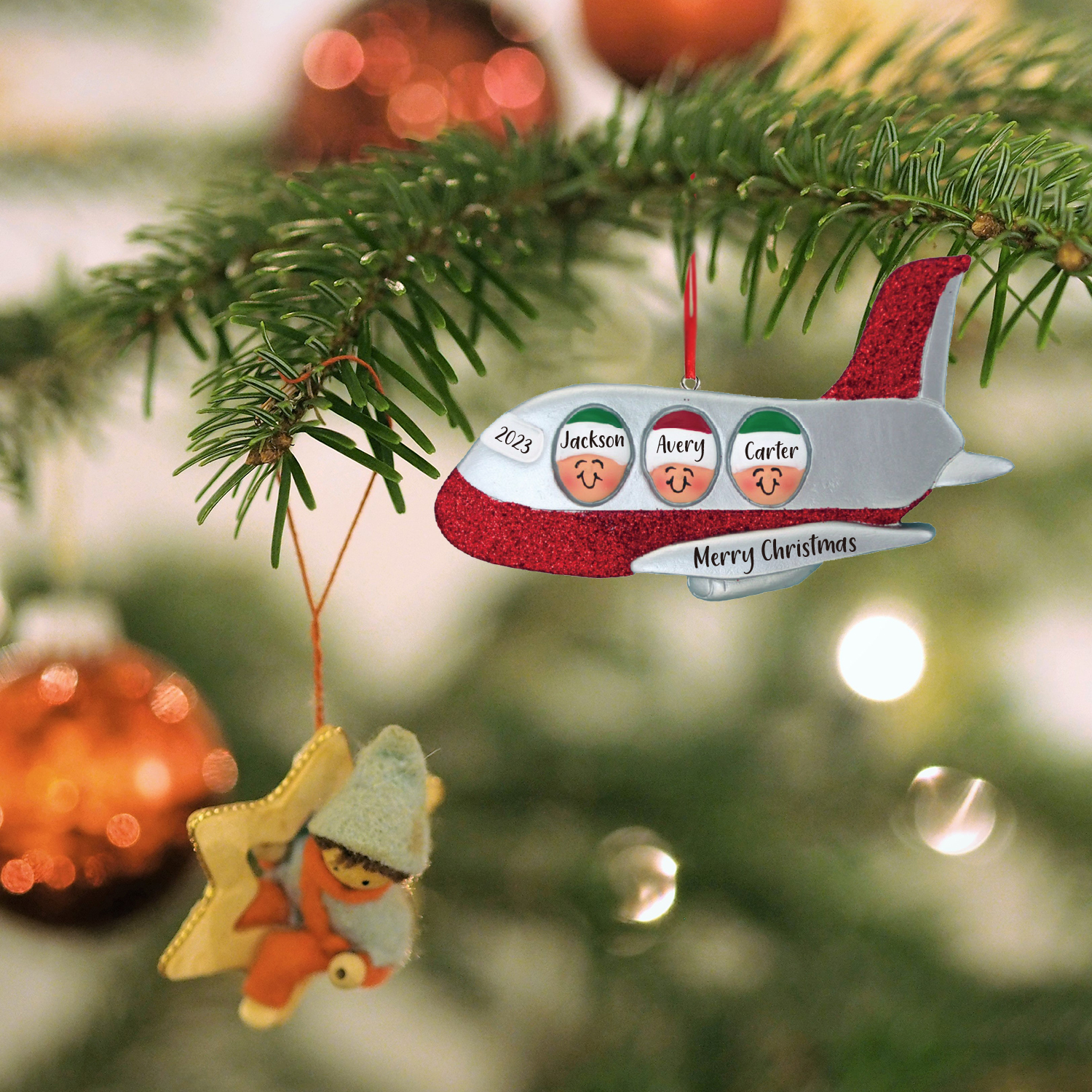 3 Names - Personalised Christmas Ornaments Custom Text & Year Wooden Airplane Christmas Decor Gifts for Family Friends-Jessemade AU