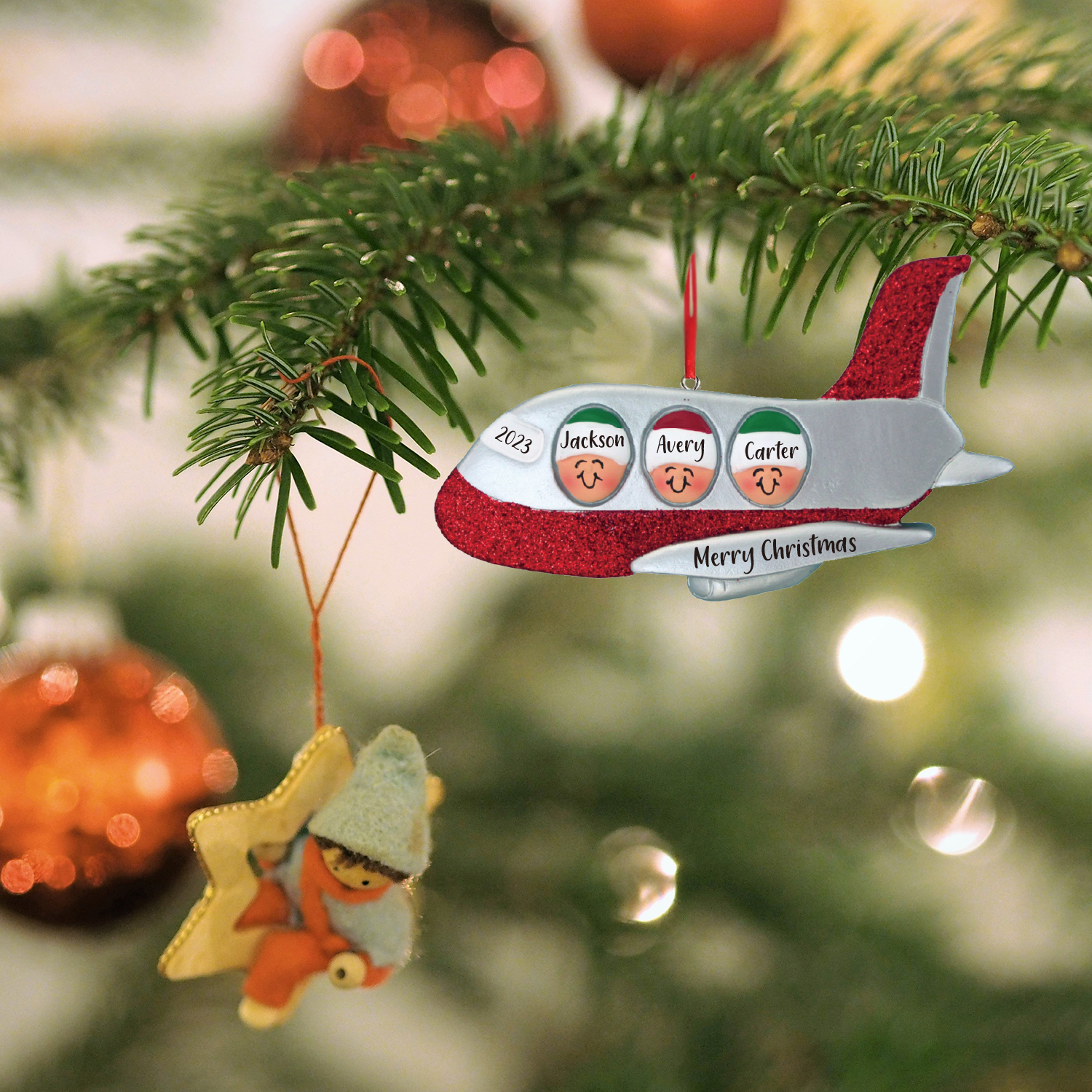 3 Names - Personalised Christmas Ornaments Custom Text & Year Wooden Airplane Christmas Decor Gifts for Family Friends-Jessemade AU