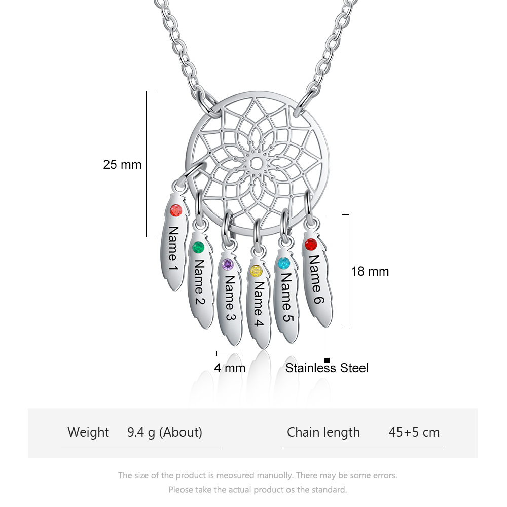Personalised Dream Catcher Necklace With 6 Birthstones Engraved Names Gift For Women-Jessemade AU