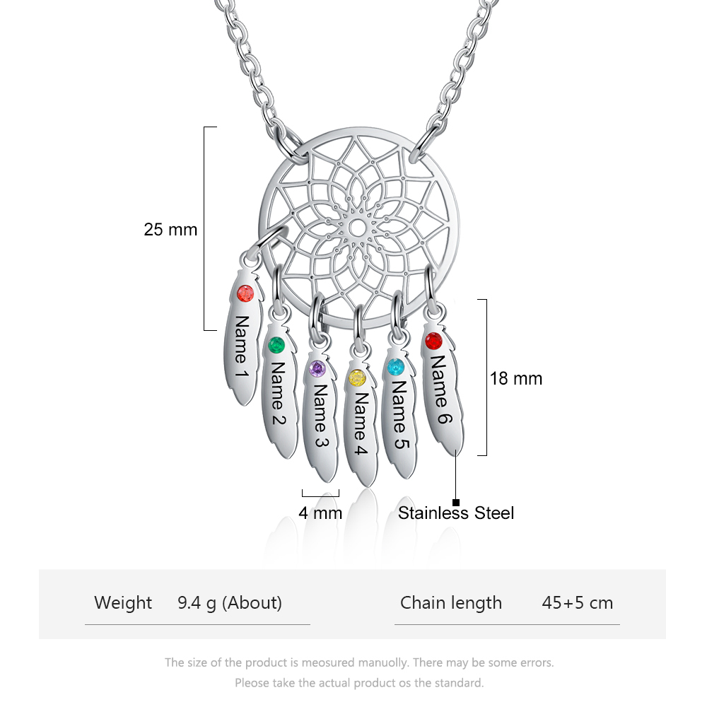 Personalised Dream Catcher Necklace With 6 Birthstones Engraved Names Gift For Women-Jessemade AU