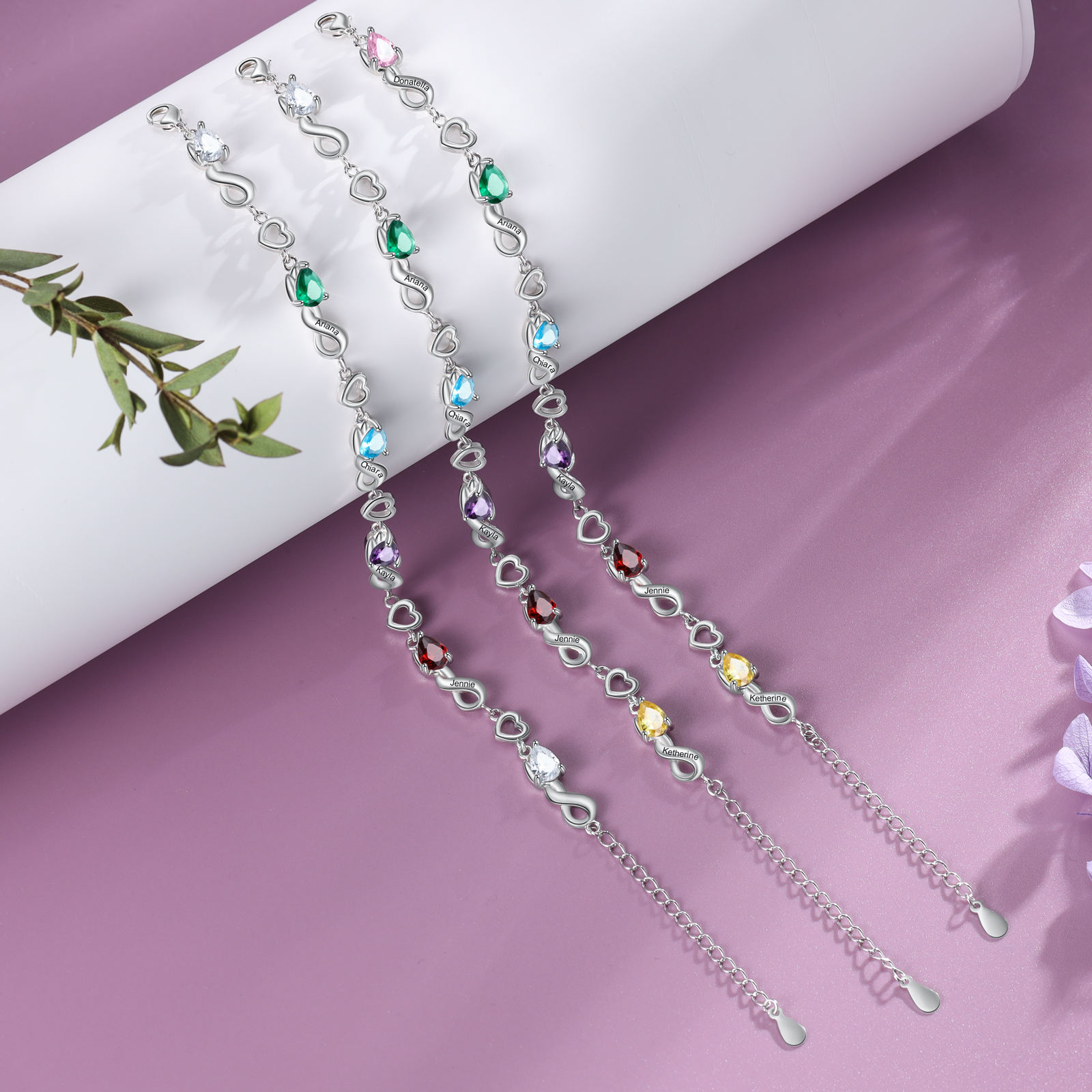 Personalised 5 Birthstones Heart Bracelet Engraved Names Bracelet Gifts For Women-Jessemade AU