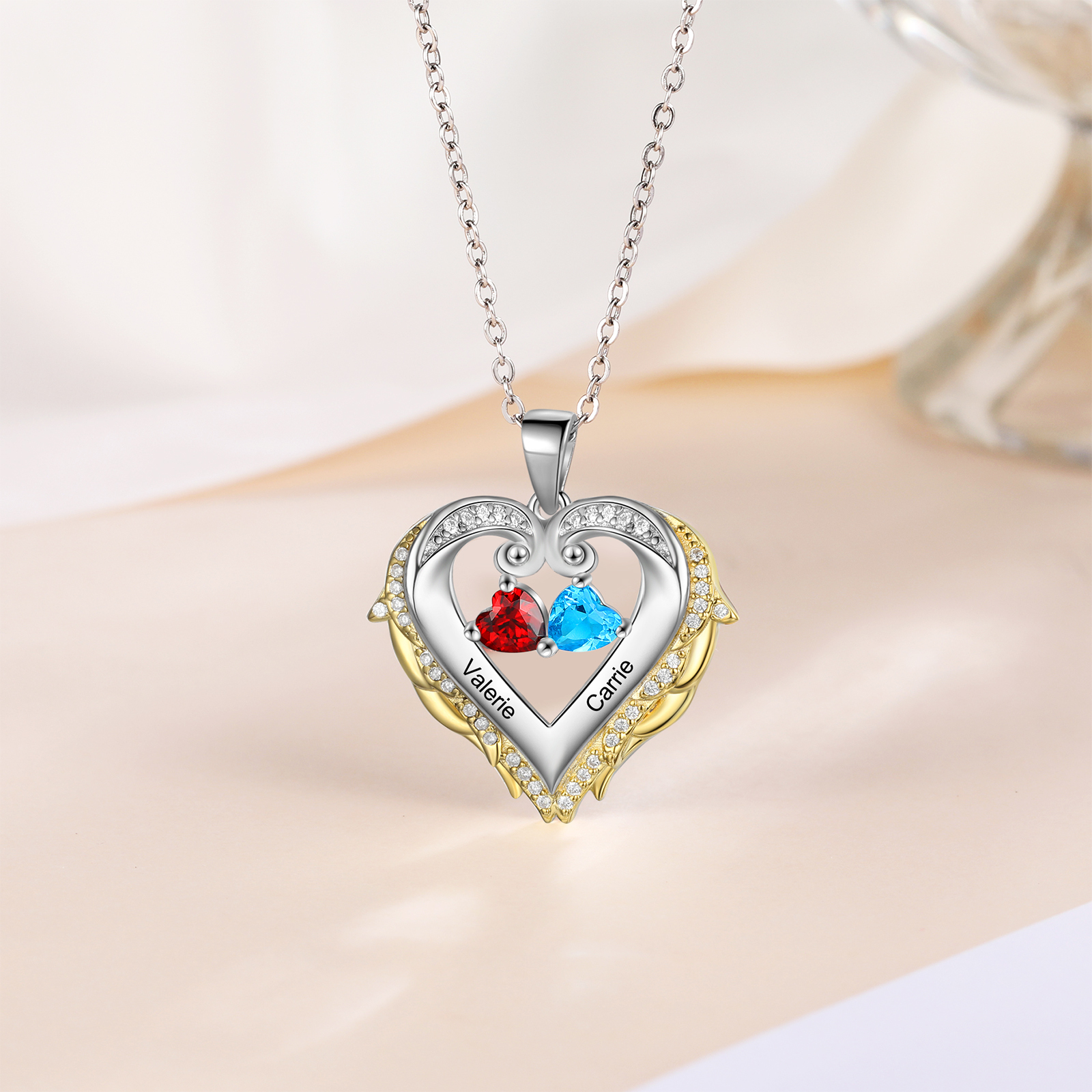 Personalised Heart Wings Necklace With 2 Birthstones Custom Names Gift For Her-Jessemade AU