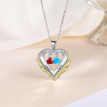 Personalised Heart Wings Necklace With 2 Birthstones Custom Names Gift For Her-Jessemade AU