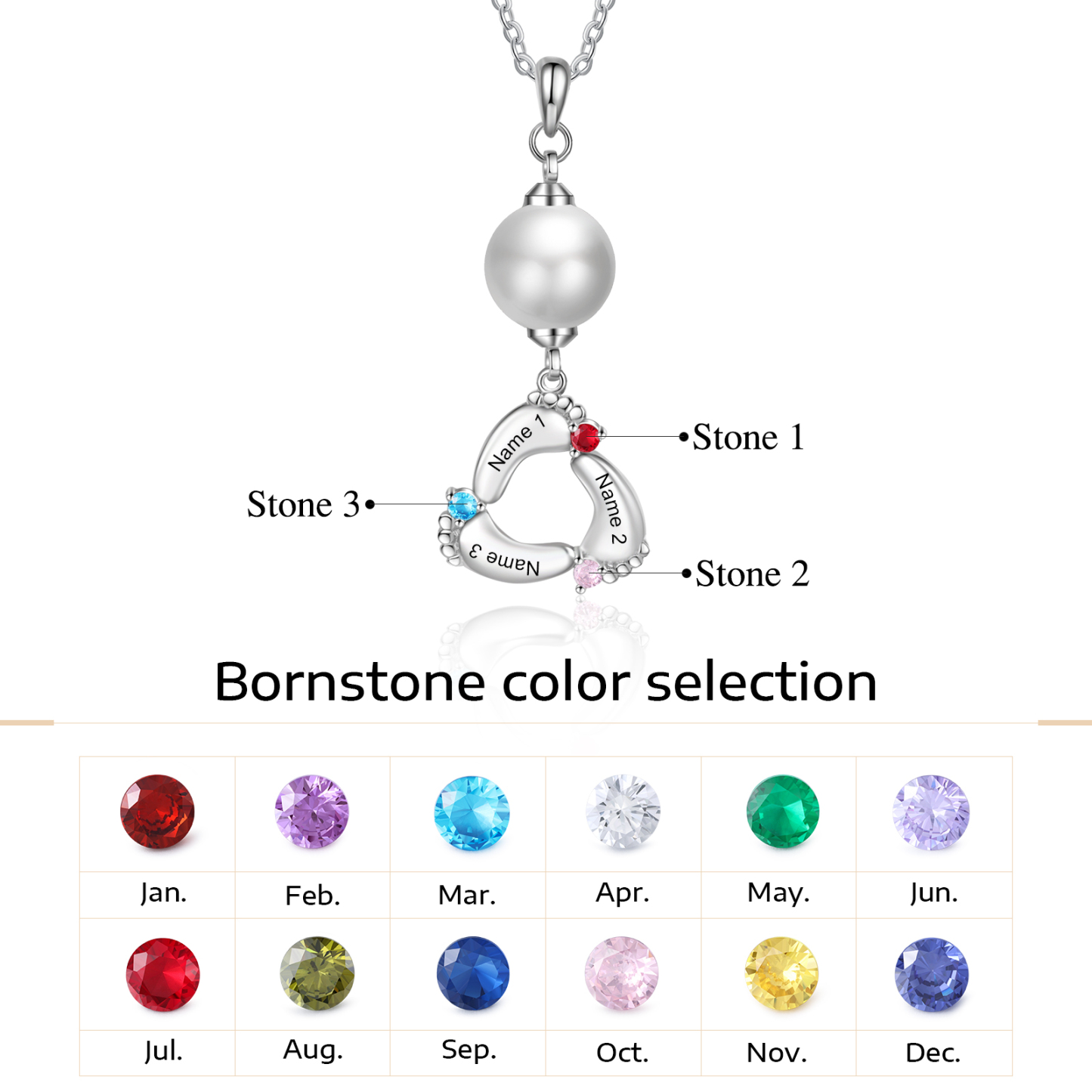 Personalised Baby Feet Pearl Necklace Custom 3 Names & Birthstones Mother Necklace-Jessemade AU