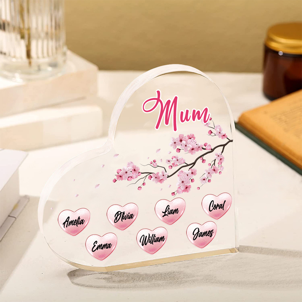 7 Names - Personalised Acrylic Heart Keepsake Custom Text Peach Blossom Ornaments Gifts for Grandma/Mother-Jessemade AU