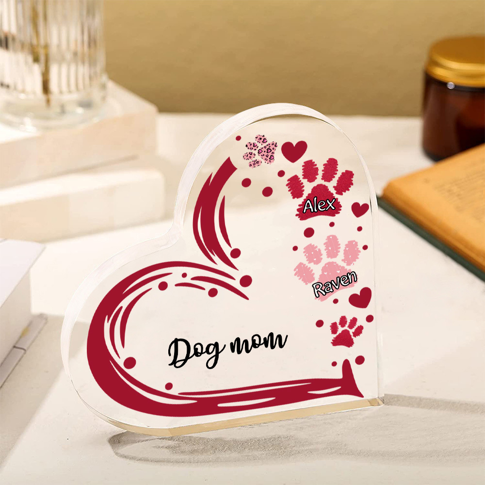 Personalised Text Acrylic Heart Keepsake Custom 2 Names Dog Footprints Ornaments Gifts for Grandma/Mother-Jessemade AU