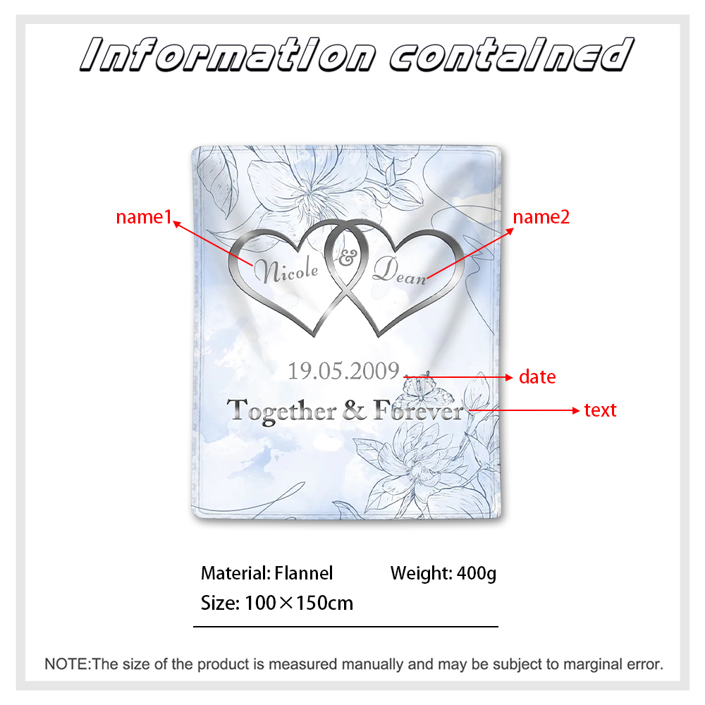 Blue Personalised Couple Blanket Custom 2 Names & Date & Text Blanket Love Valentine's Day Gifts for Him/Her-Jessemade AU