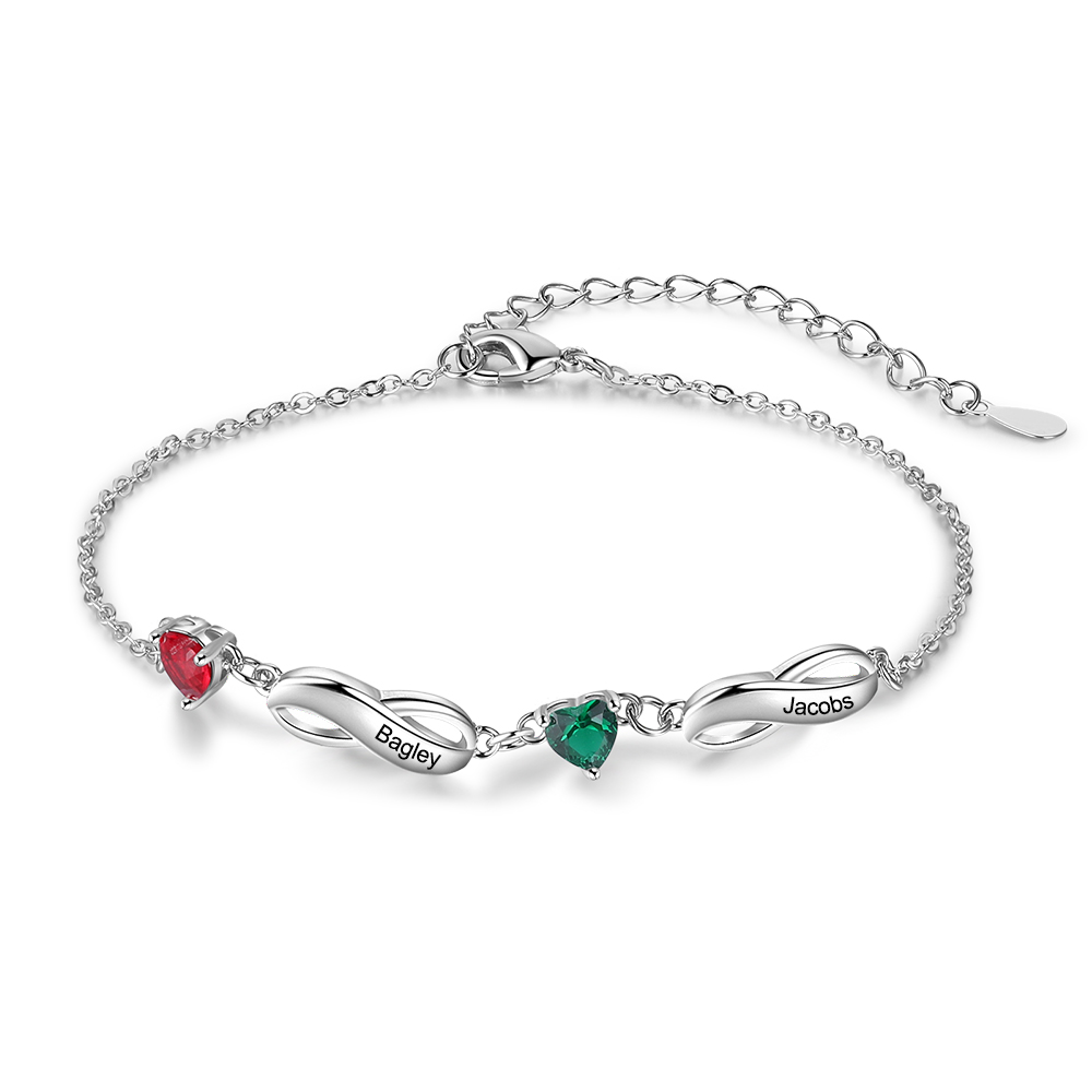 Personalised Infinity Bracelet With 2 Birthstones Engraved Names Bracelet Gift For Women