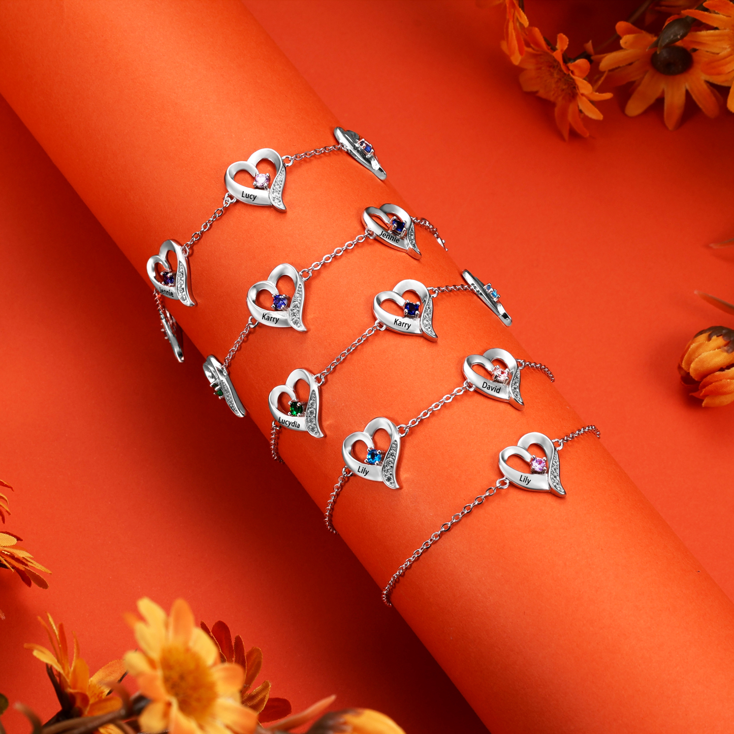 Personalised Heart Bracelet With 2 Birthstones Engraved Names Necklace For Her-Jessemade AU