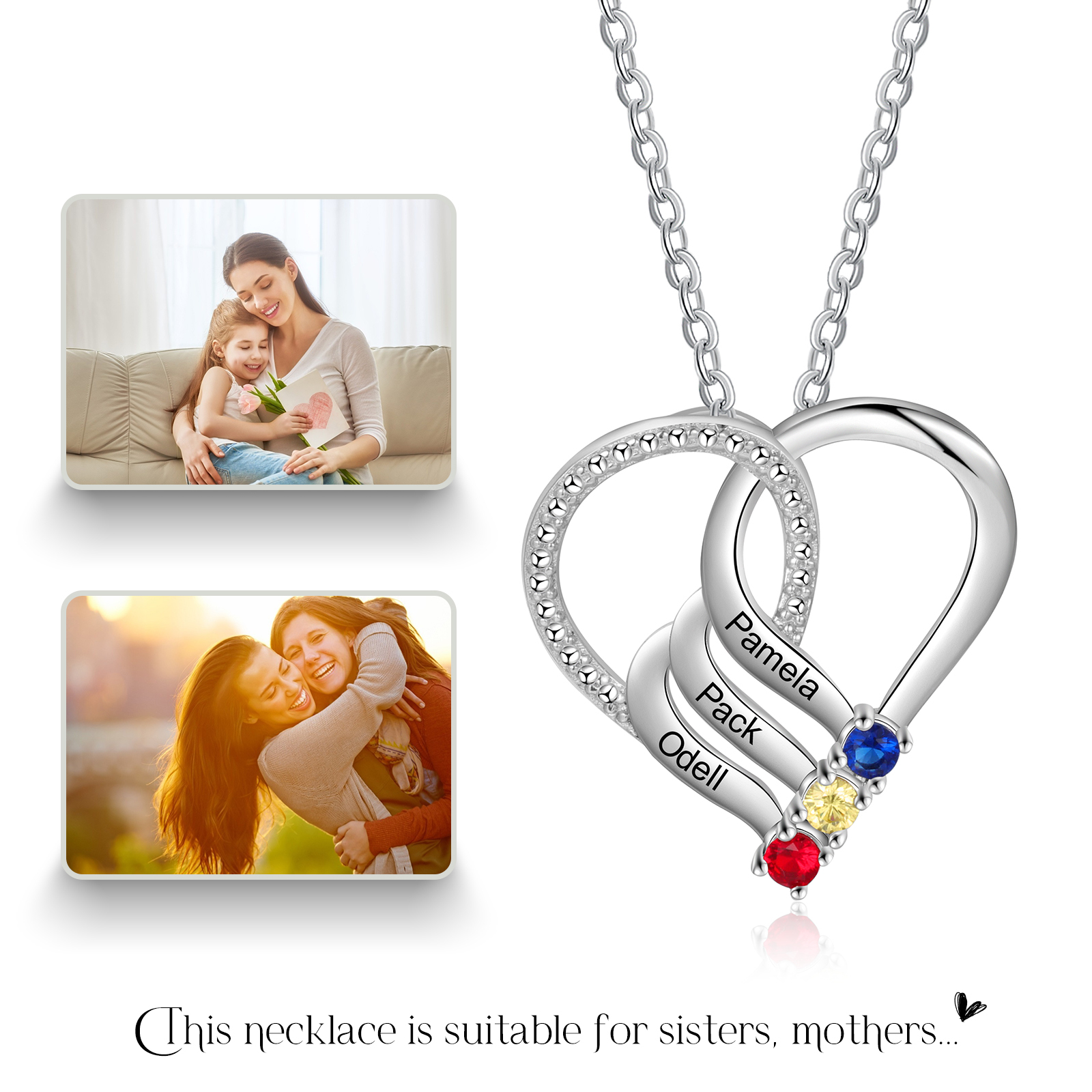Personalised Heart Necklace With 3 Birthstones Engraved Names Gift For Her-Jessemade AU