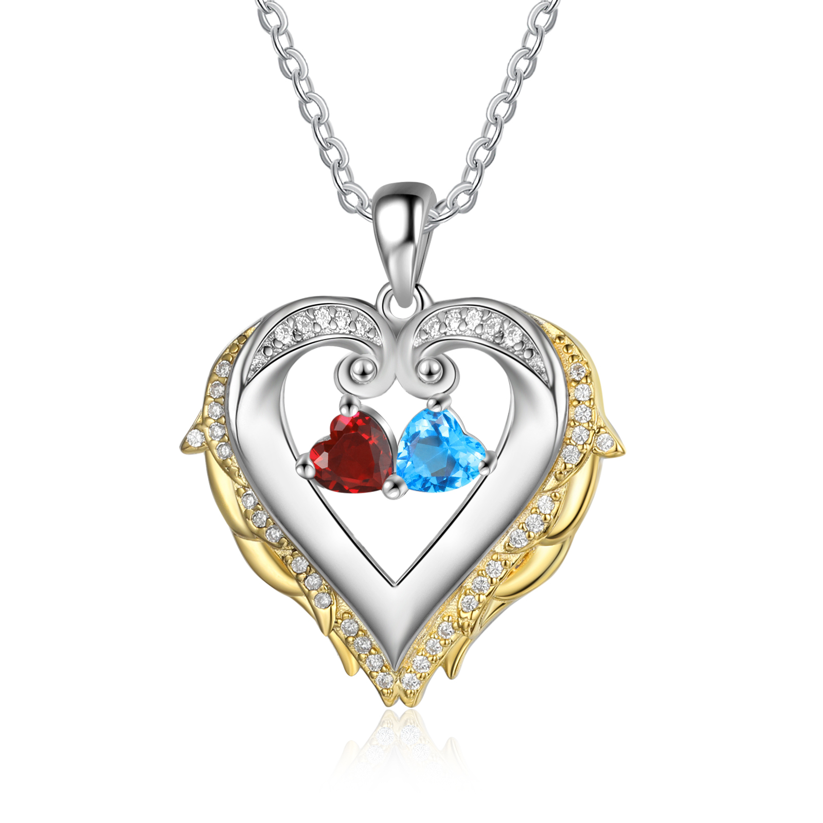 Personalised Heart Wings Necklace With 2 Birthstones Custom Names Gift For Her-Jessemade AU