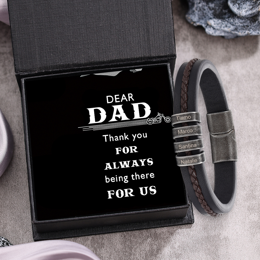 4 Names - Personalised Men's Leather Bracelet Custom Text Beaded Bracelets Vintage Gift for Him