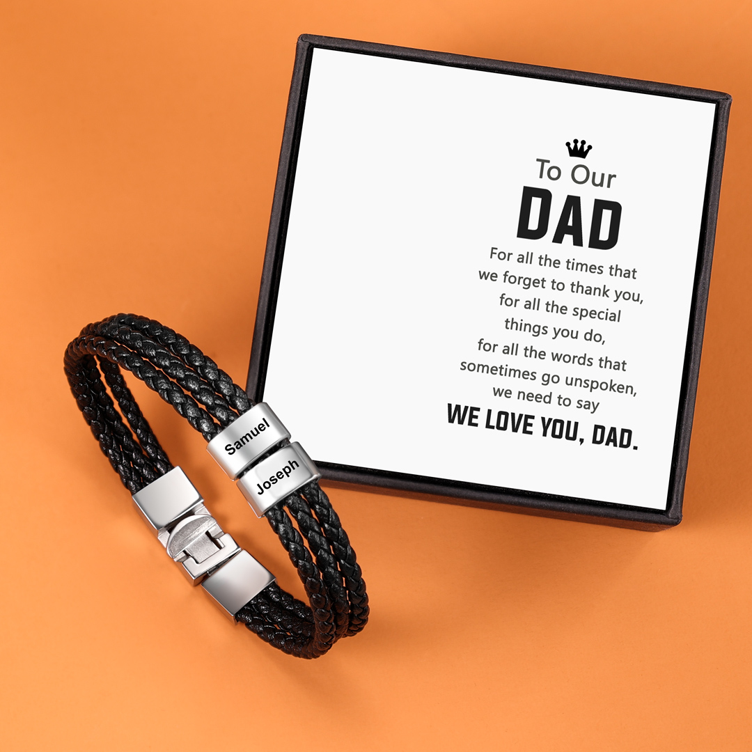 Personalised Braided Leather Bracelet Engraved 2 Names Men's Bracelet Gifts For Him-Jessemade AU