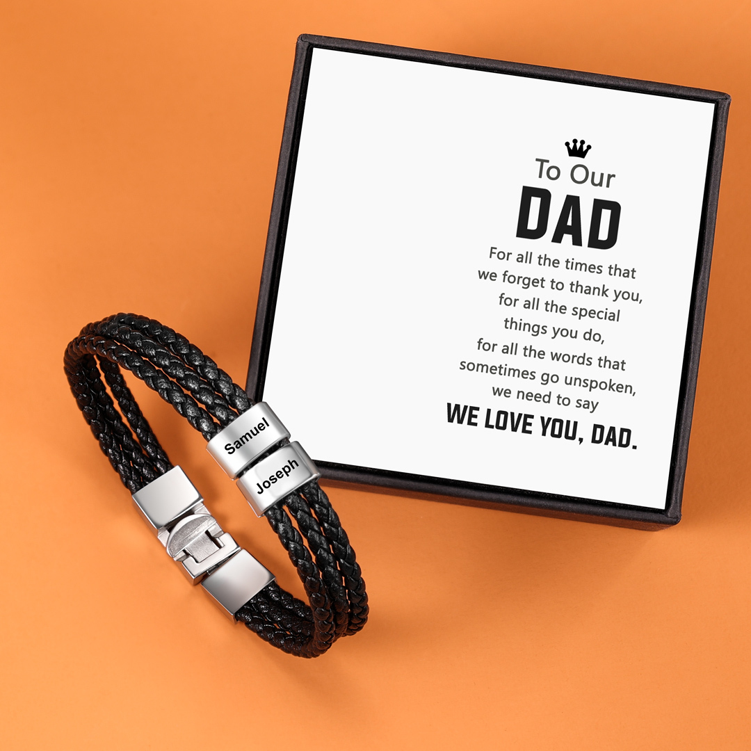 Personalised Braided Leather Bracelet Engraved 2 Names Men's Bracelet Gifts For Him-Jessemade AU