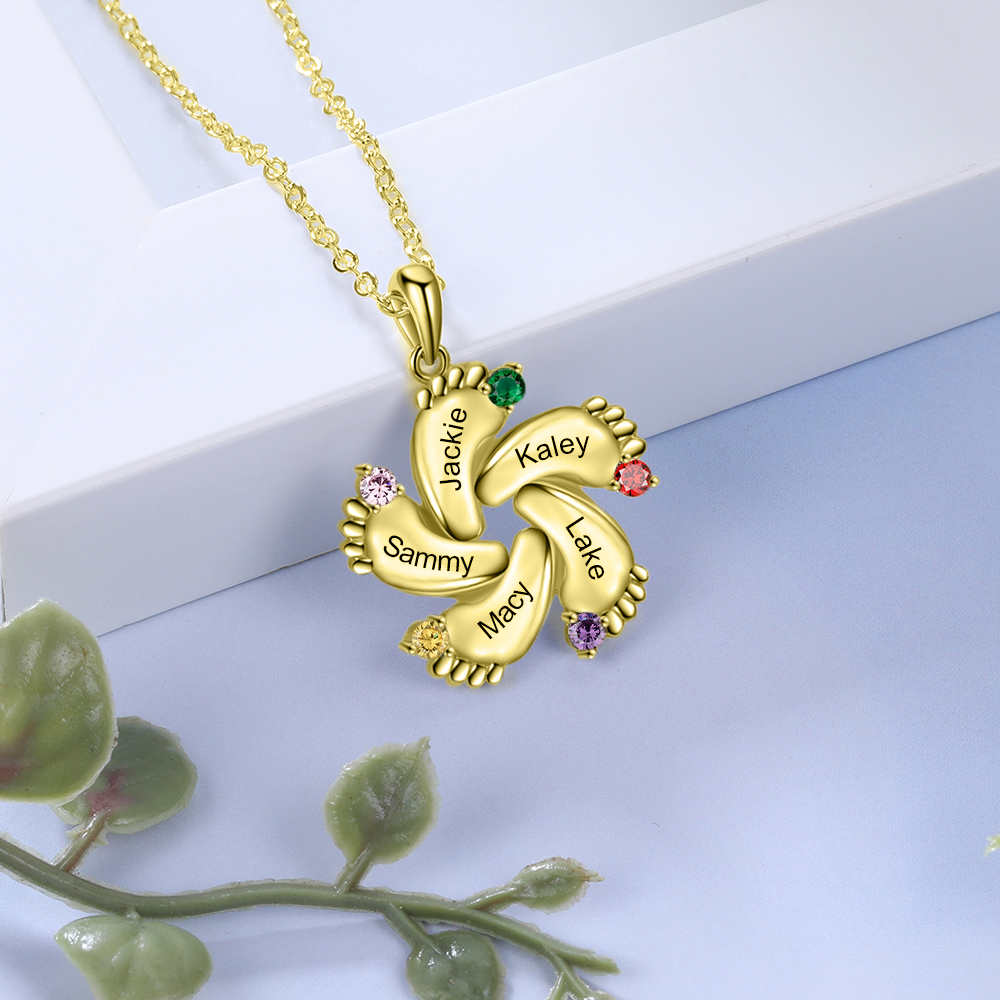 Personalised Baby Feet Necklace With 5 Birthstones Engraved Names Gift For Mother-Jessemade AU