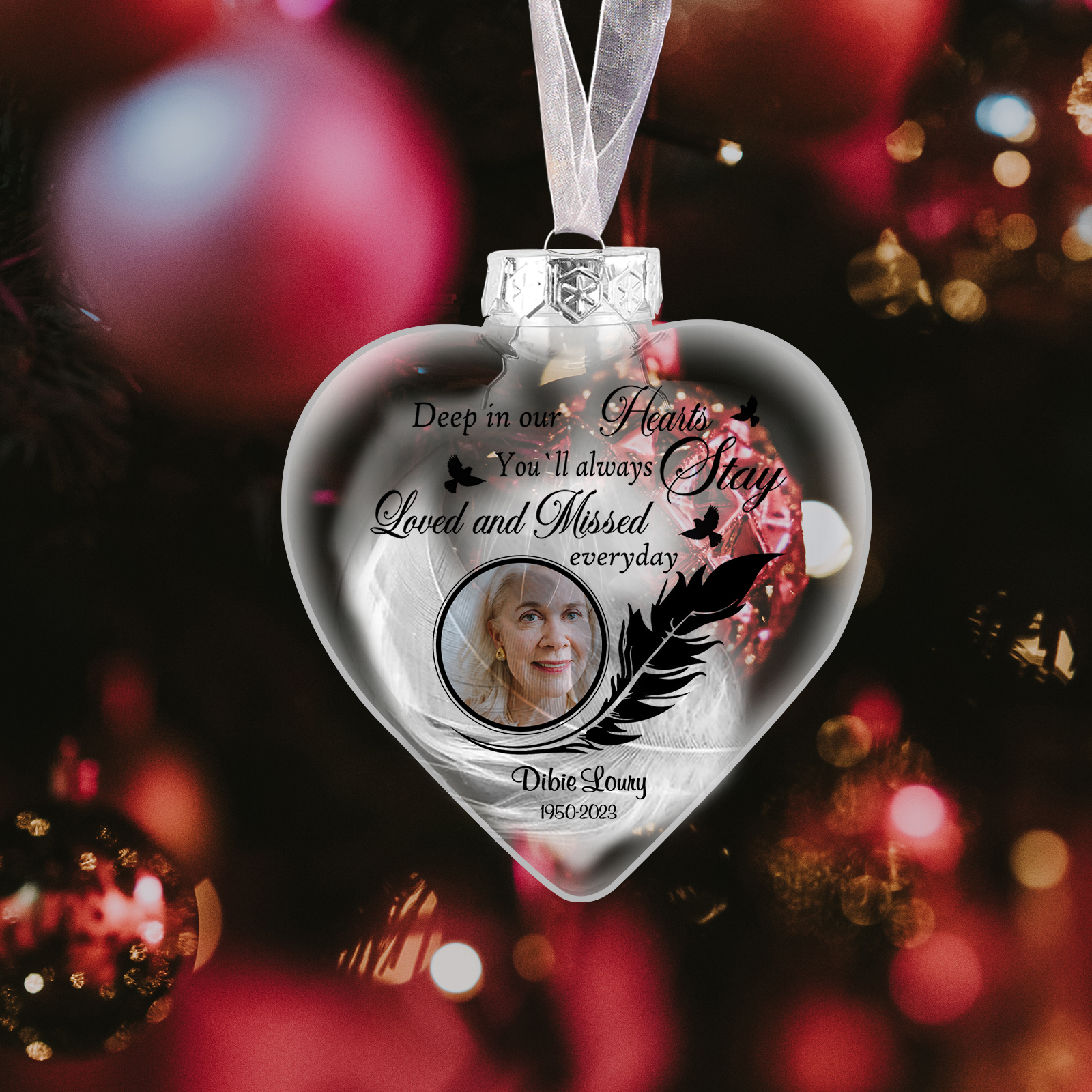 Heart-shaped Memorial Christmas Ornaments Custom Name & Date & Photo Feather Ornament Commemorate Deceased Loved Ones-Jessemade AU