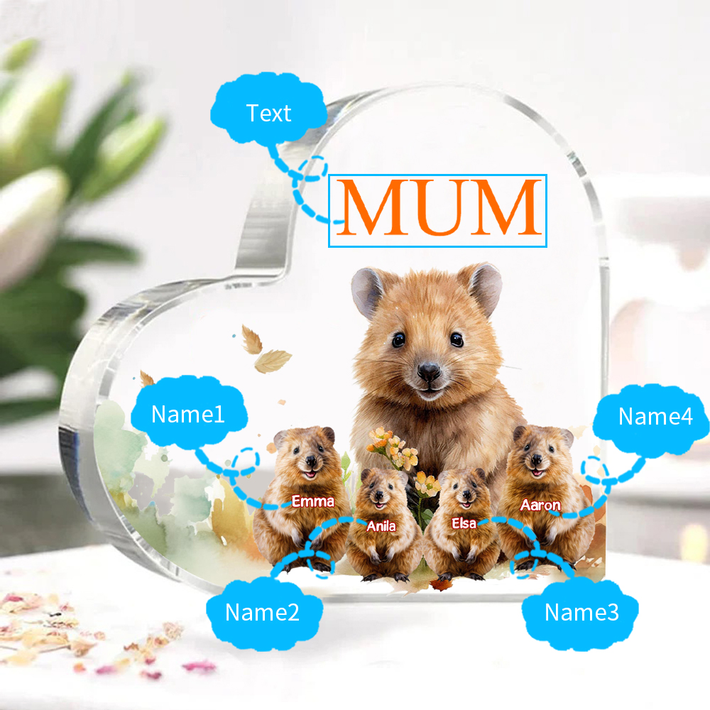 Personalised Acrylic Heart Keepsake Custom 1 Text & 4 Names Ornament Quokka Family Gift for Mother/Grandma-Jessemade AU