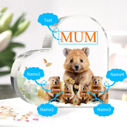 Personalised Acrylic Heart Keepsake Custom 1 Text & 4 Names Ornament Quokka Family Gift for Mother/Grandma-Jessemade AU