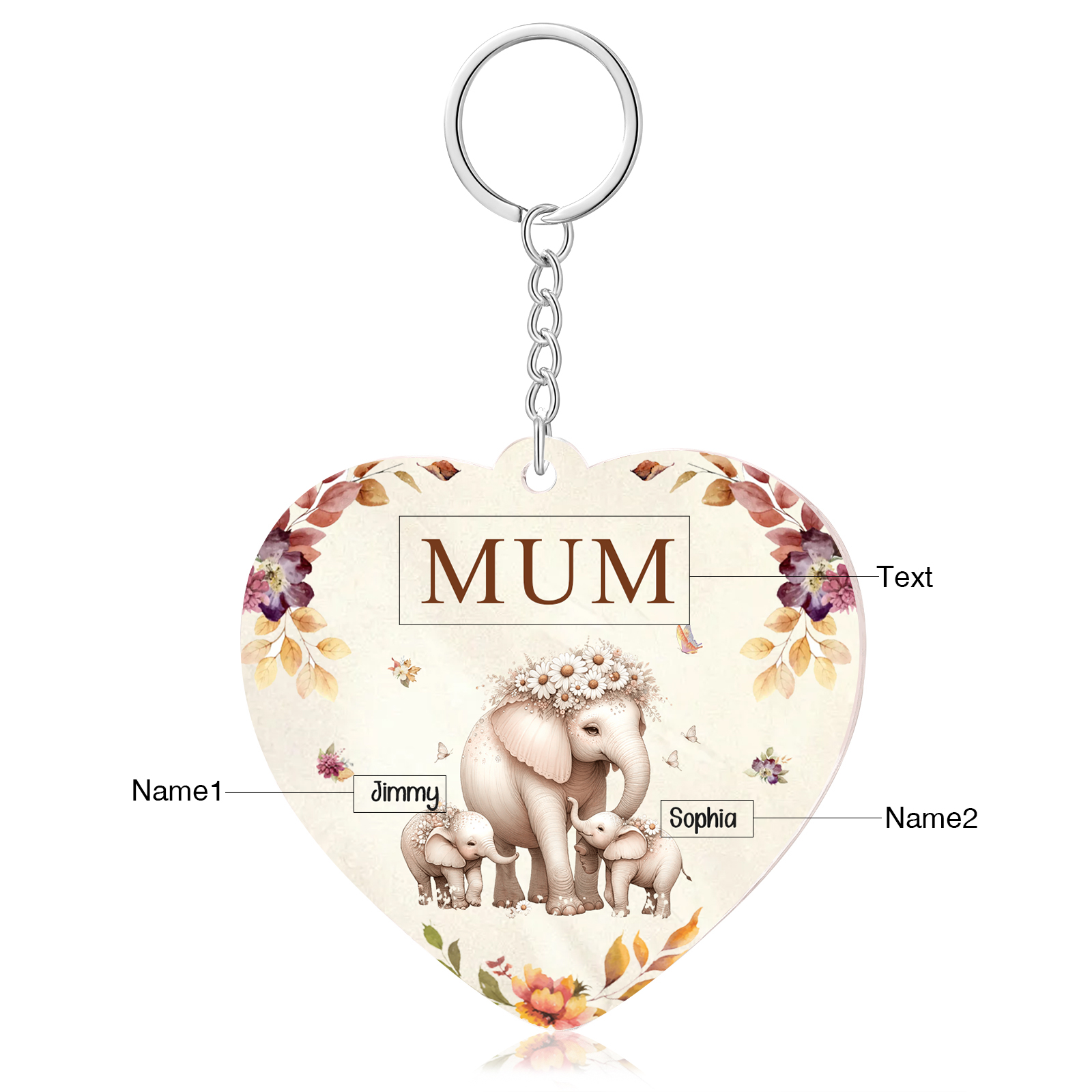 2 Names - Personalised Acrylic Keychain Custom 1 Text Elephant Family Hanging Ornaments Gift for Mum/Grandma-Jessemade AU