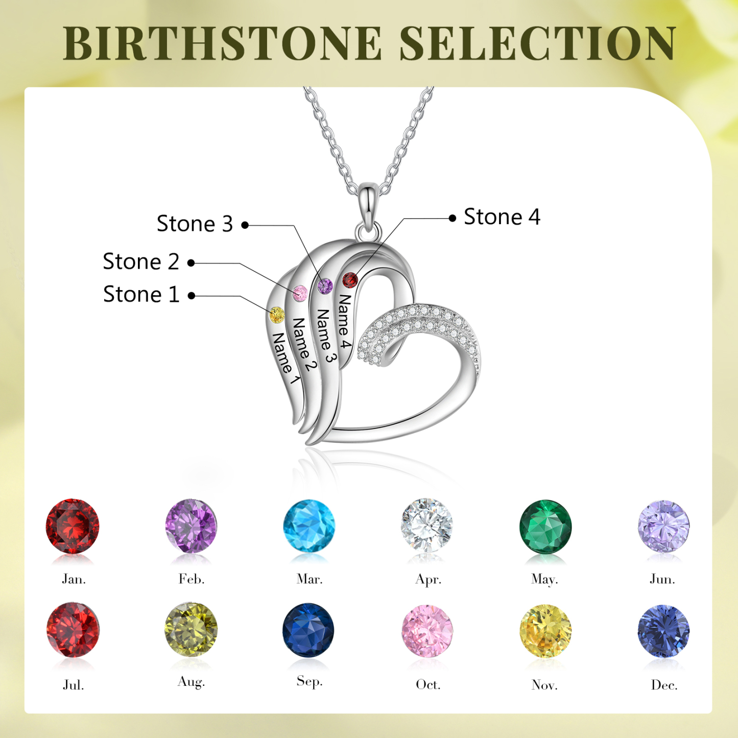 Personalised Heart Pendant Necklace Custom 4 Birthstones Engraved 4 Names Necklace Gift for Her-Jessemade AU