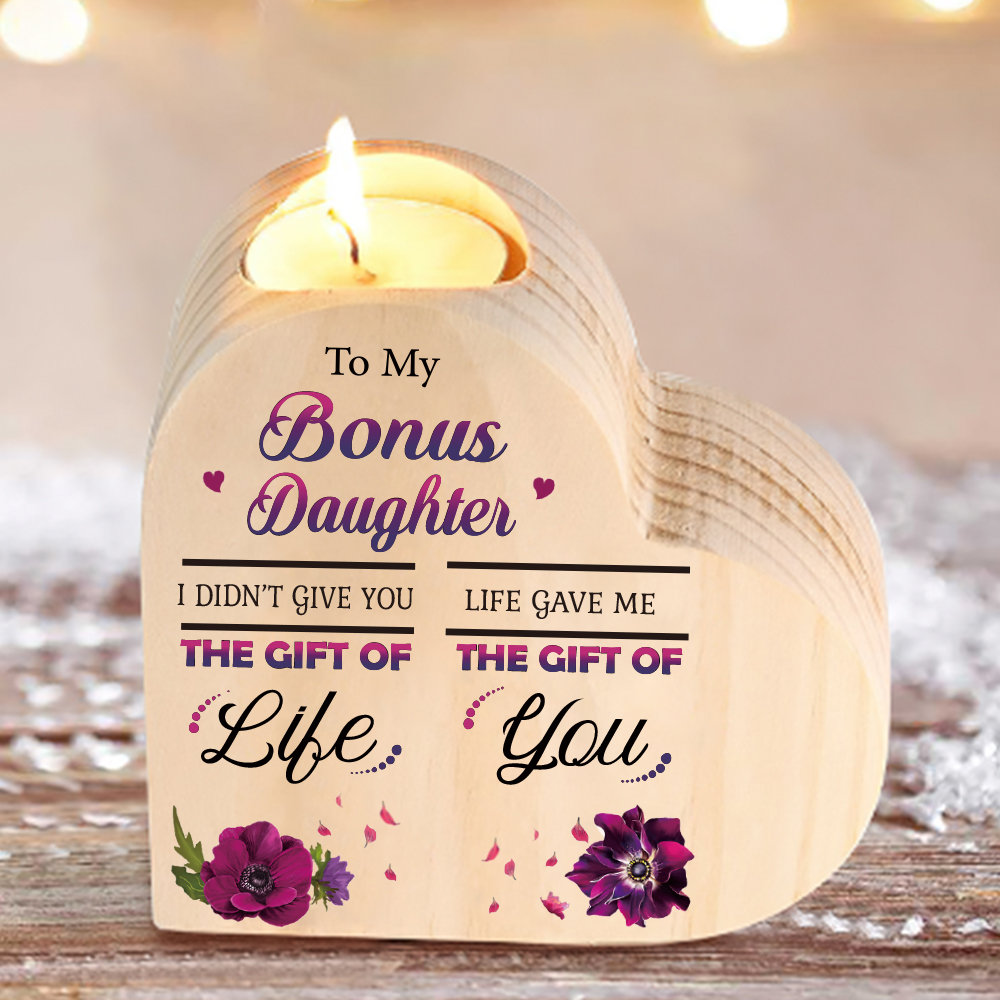 To My Bonus Daughter Christmas Gift Set with Violet Flower Heart Candle Holder Mug "Life Gave Me The Gift of You" Candlestick