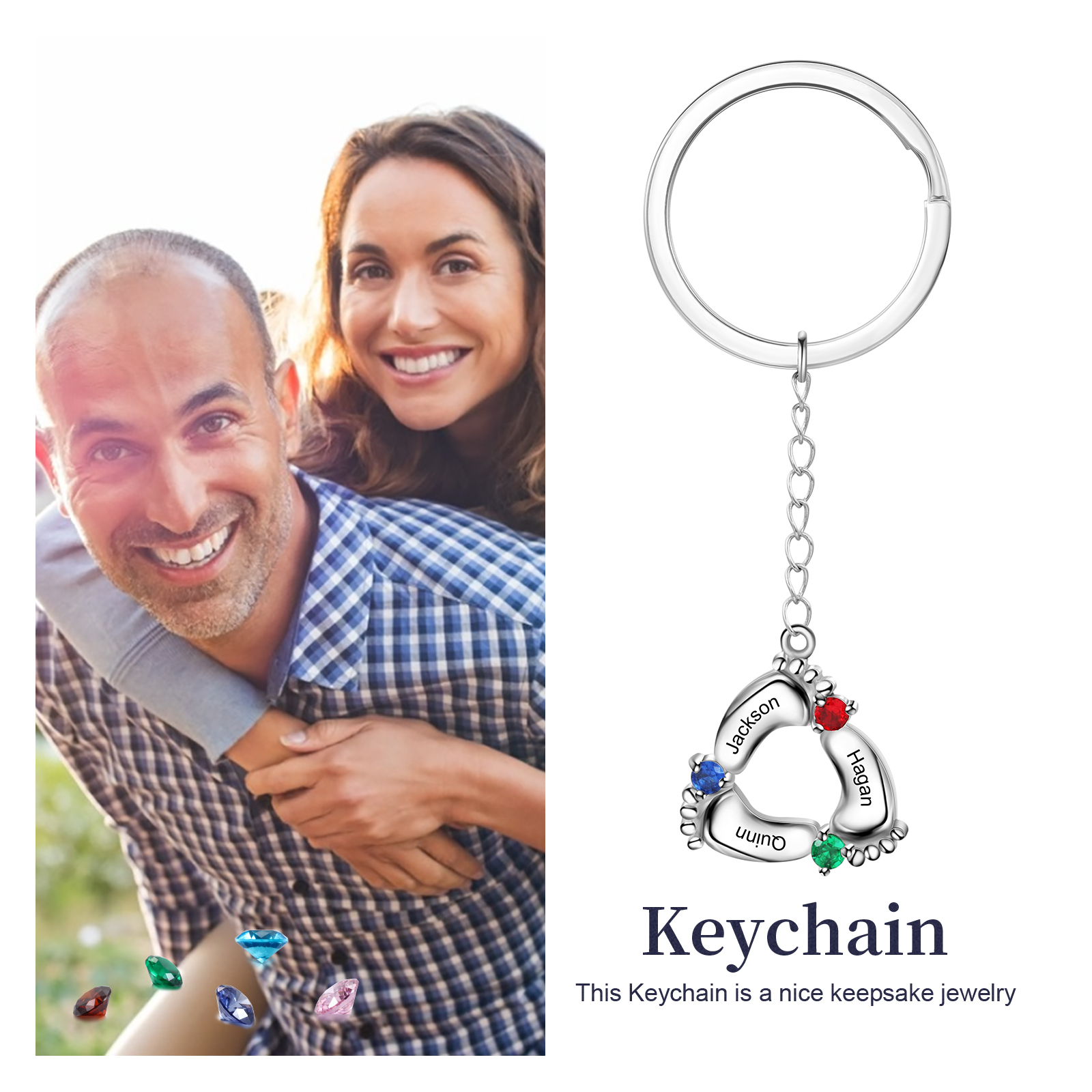 Personalised Baby Feet Keychain With 3 Birthstones Engraved names Keychain Gifts For Mother-Jessemade AU