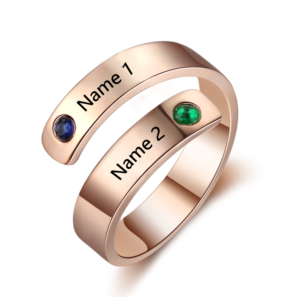 Personalised Ring With 2 Birthstones Engraved Names Ring Gift For Women-Jessemade AU