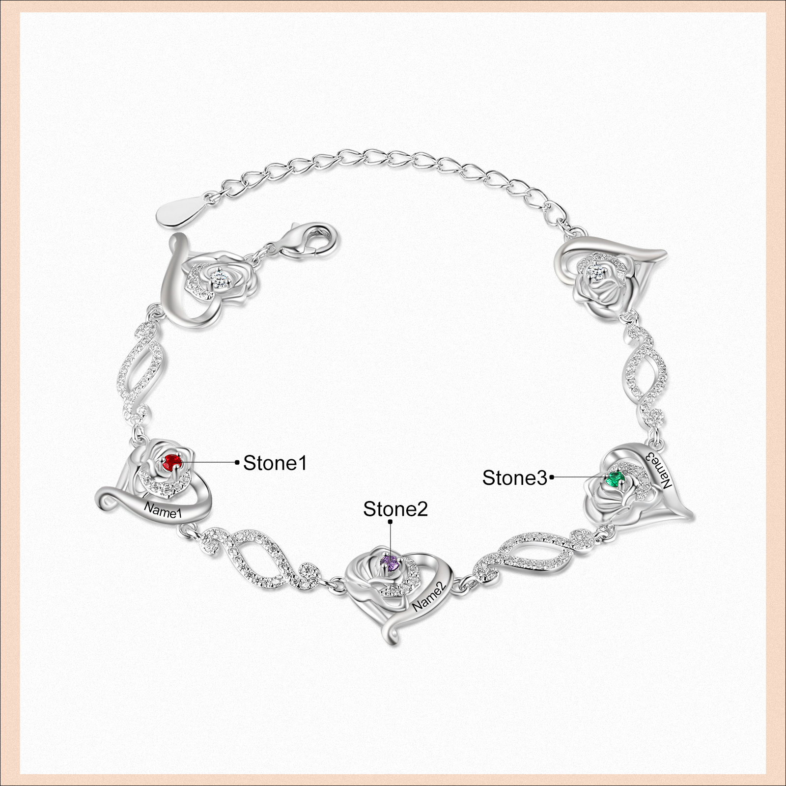 Flowers Bracelet Personalised 3 Birthstones Bracelet Engraved Names Flowers Charm Gifts For Her-Jessemade AU