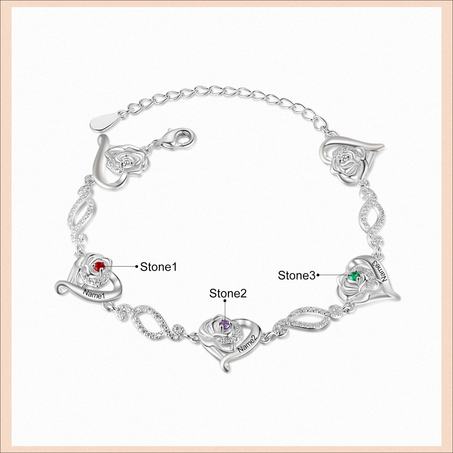 Flowers Bracelet Personalised 3 Birthstones Bracelet Engraved Names Flowers Charm Gifts For Her-Jessemade AU