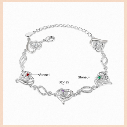 Flowers Bracelet Personalised 3 Birthstones Bracelet Engraved Names Flowers Charm Gifts For Her-Jessemade AU