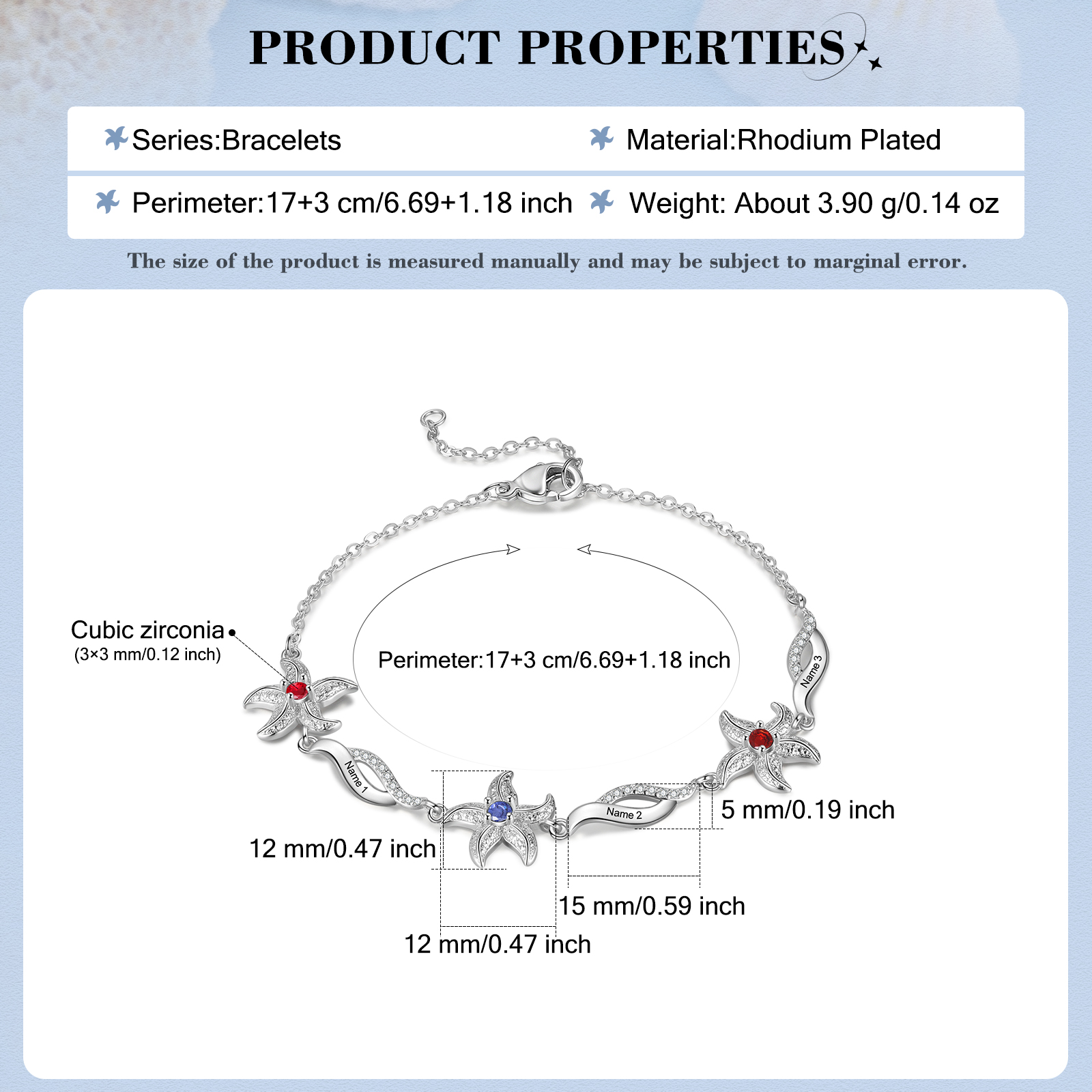 Personalised Women's Bracelet Custom 3 Birthstones Bracelet Starfish Adjustable Bracelet Mother's Day Gift for Her-Jessemade AU