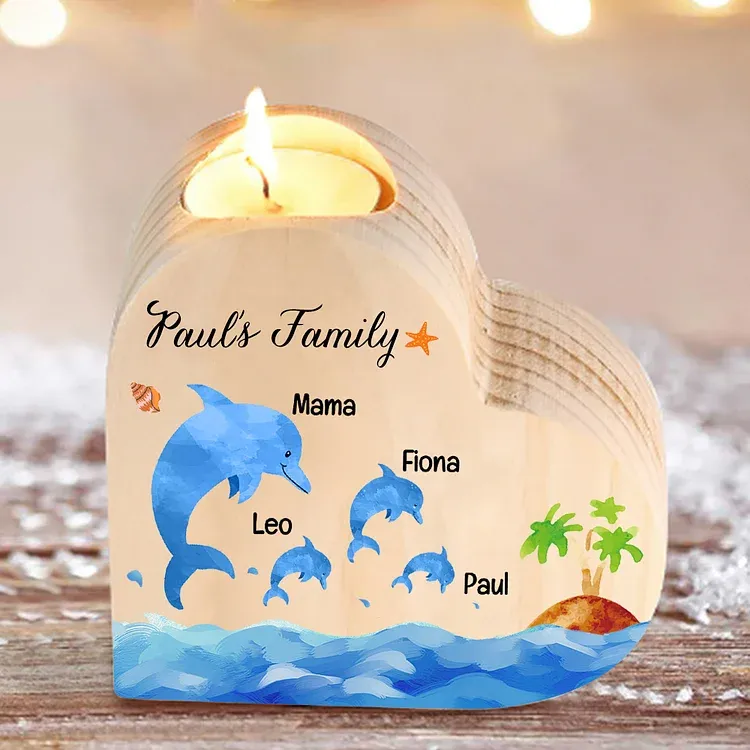 Family Dolphin Heart Candle Holder Personalised Wooden Candlestick Custom 4 Names-Jessemade AU