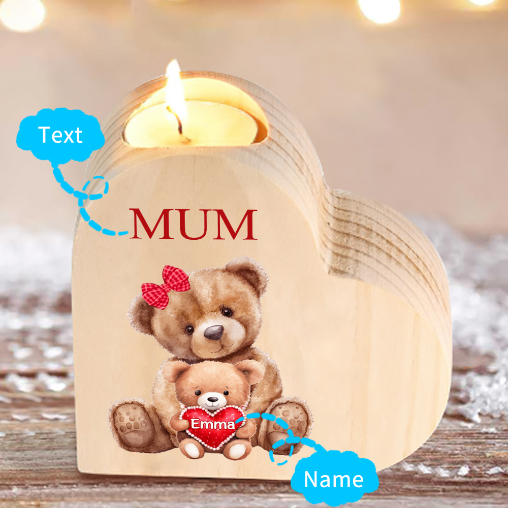 Personalised 1 Name & 1 Text Candle Holder Teddy Bear Wooden Candlestick Gifts for Grandma/Mother-Jessemade AU