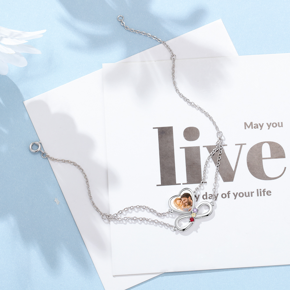 Personalised Heart Photo Bracelet With 3 Birthstones Custom Photo Bracelet Gifts For Her-Jessemade AU